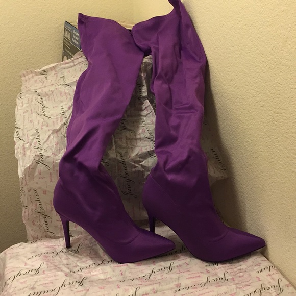 purple leather thigh high boots